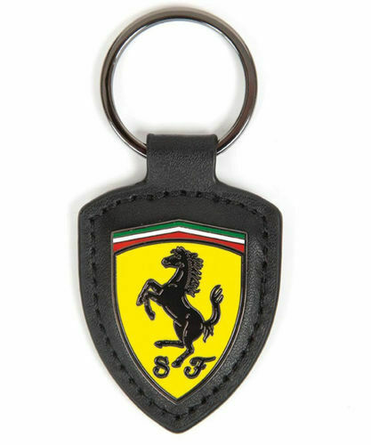Portachiavi Ferrari Scudetto In Cuoio Pelle Nero e Acciaio